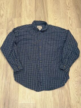 Woolrich Flannel Plaid Shirt Mens Large Blue Gray White Cotton Vintage Outdoors